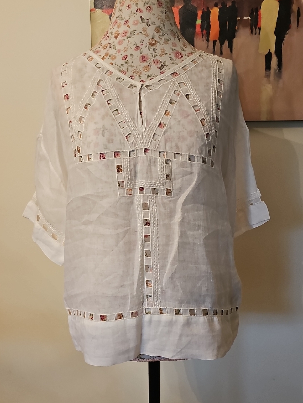 Massimo Dutti White Linen Embroidered Cutout Tunic.Size S